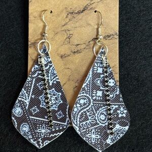 Chic Black and White Paisley Faux Leather Earrings